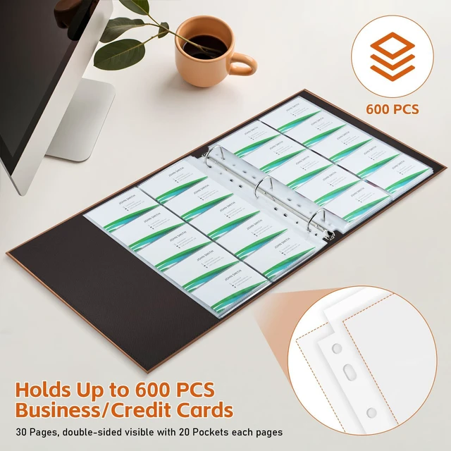 Alt view image 3 of 7 - A4 Business Card Holder Organizer, PU Leather Card Binder with 30 Pack Sleeves (600 Pockets), Card Holder Book for Credit Cards, Membership Cards, and More - Brown