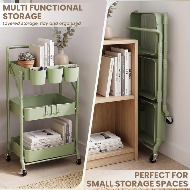 Alt view image 3 of 6 - Foldable 3 Tier Rolling Cart, Metal Utility Cart with Wheels Collapsible Rolling Storage Cart with 3 Hanging Cups, Folding Storage Trolley Organizer Cart for Home Office Kitchen(Green)