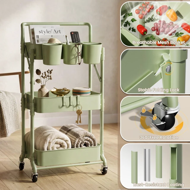 Alt view image 4 of 6 - Foldable 3 Tier Rolling Cart, Metal Utility Cart with Wheels Collapsible Rolling Storage Cart with 3 Hanging Cups, Folding Storage Trolley Organizer Cart for Home Office Kitchen(Green)