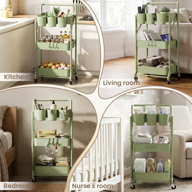 Alt view image 5 of 6 - Foldable 3 Tier Rolling Cart, Metal Utility Cart with Wheels Collapsible Rolling Storage Cart with 3 Hanging Cups, Folding Storage Trolley Organizer Cart for Home Office Kitchen(Green)