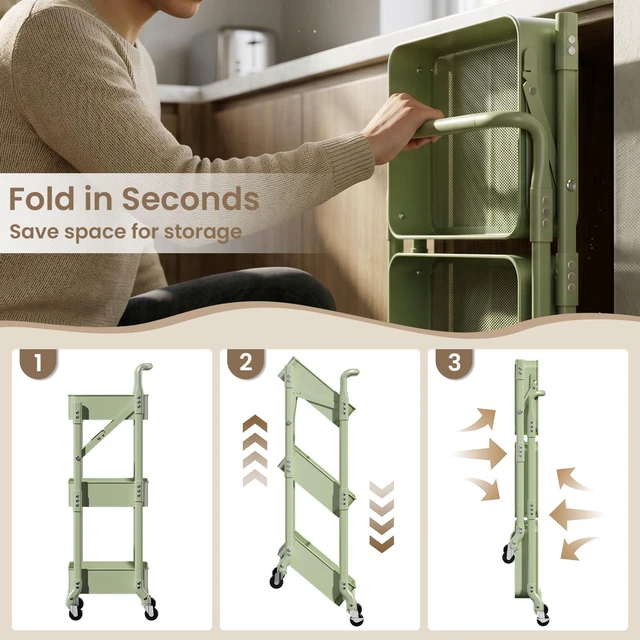 Alt view image 6 of 6 - Foldable 3 Tier Rolling Cart, Metal Utility Cart with Wheels Collapsible Rolling Storage Cart with 3 Hanging Cups, Folding Storage Trolley Organizer Cart for Home Office Kitchen(Green)