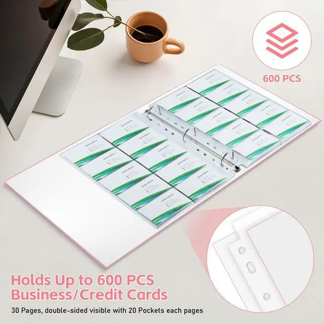 Alt view image 3 of 7 - A4 Business Card Organizer, PU Leather Card Binder with 30 Pack Sleeves (600 Pockets), Business Card Holder Book for Credit Cards, Membership Cards, and More - Pink