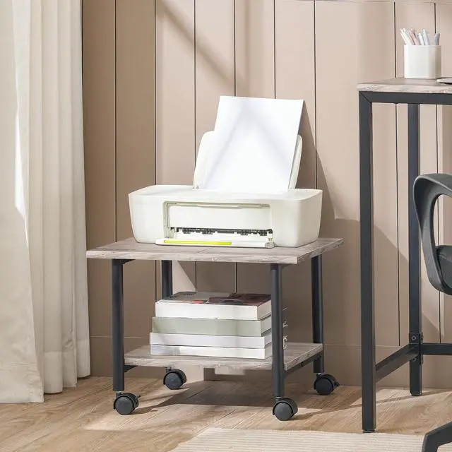 Alt view image 2 of 7 - Printer Stand, 2-Tier Industrial Under Desk Printer Cart with Shelf, Mobile Heavy Duty Storage Rack on Wheels for Home, Office, Grey and Black BG02PS01G1