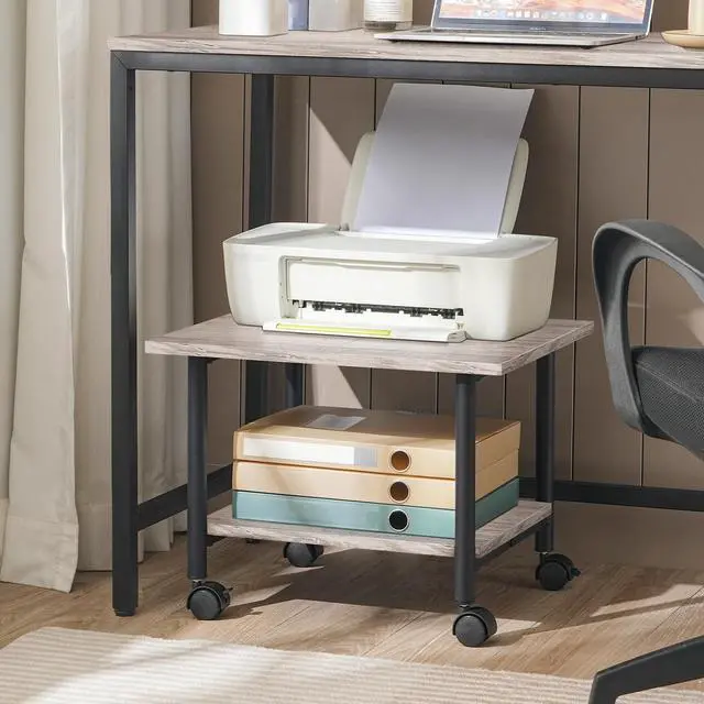 Alt view image 6 of 7 - Printer Stand, 2-Tier Industrial Under Desk Printer Cart with Shelf, Mobile Heavy Duty Storage Rack on Wheels for Home, Office, Grey and Black BG02PS01G1