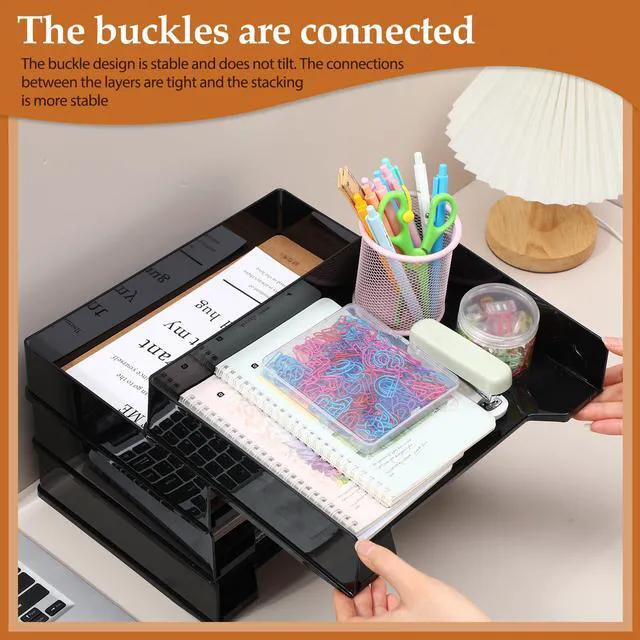 Alt view image 5 of 6 - 8 Pcs Stackable Letter Tray Plastic Paper Tray, Black 13 x 9.5 x 2.6 In, Rectangular, Paper Holder, File Tray for Desktop Office Desk Drawers
