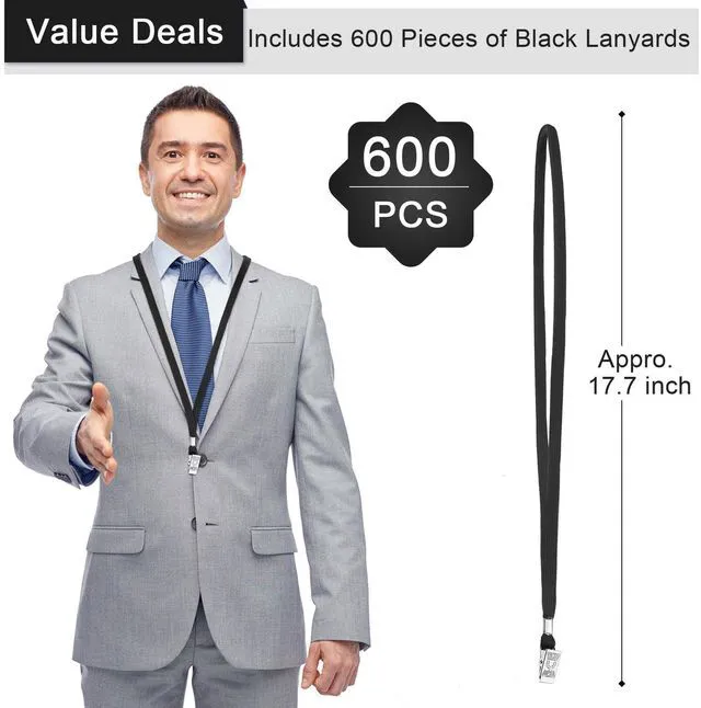 Alt view image 2 of 7 - 600 Pcs Lanyards for ID Badges, Flat Swivel Hook,Black Clip Swivel Hook Design, Office Events Conferences Schools, Neck Strap Accessory for Employee Visitor Student Badge Holders