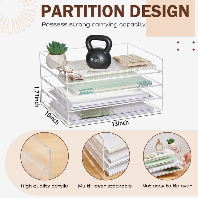 Alt view image 2 of 7 - 4 Tier Acrylic Paper Tray Organizer, Heavy Duty Stackable Clear Organizer for A4/Letter Paper, Acrylic File Storage for Desk, Office Workspace, No Assembly Required, 13 x 10 x 1.7 Inches