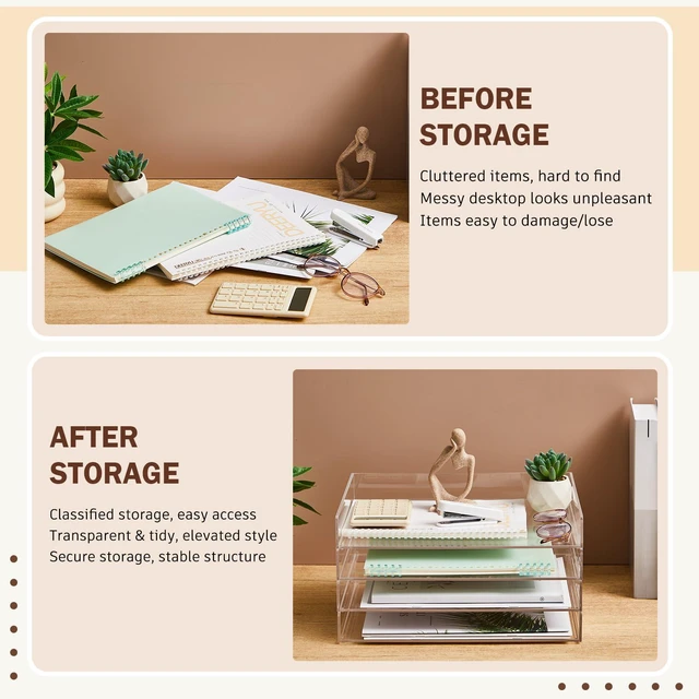Alt view image 5 of 7 - 4 Tier Acrylic Paper Tray Organizer, Heavy Duty Stackable Clear Organizer for A4/Letter Paper, Acrylic File Storage for Desk, Office Workspace, No Assembly Required, 13 x 10 x 1.7 Inches