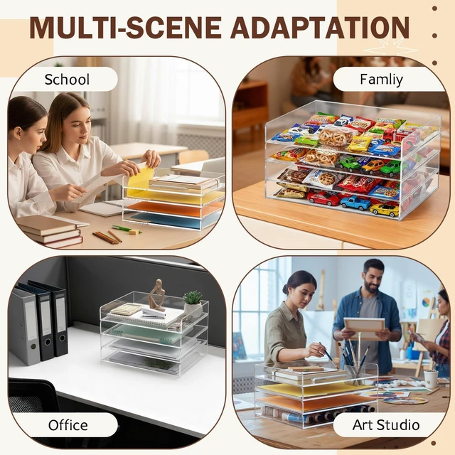 Alt view image 6 of 7 - 4 Tier Acrylic Paper Tray Organizer, Heavy Duty Stackable Clear Organizer for A4/Letter Paper, Acrylic File Storage for Desk, Office Workspace, No Assembly Required, 13 x 10 x 1.7 Inches