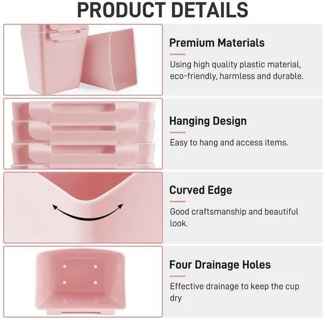 Alt view image 2 of 7 - 5 Pack Hanging Cup Holders, Multipurpose Rolling Cart Accessories Utility Cart Accessories For Art Craft Supplies, Space Saving Hanging Storage Basket Pencil Holder Makeup Organizers (Pink)