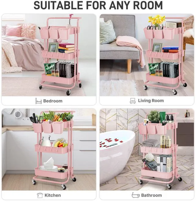 Alt view image 4 of 7 - 5 Pack Hanging Cup Holders, Multipurpose Rolling Cart Accessories Utility Cart Accessories For Art Craft Supplies, Space Saving Hanging Storage Basket Pencil Holder Makeup Organizers (Pink)