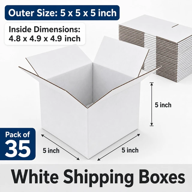Alt view image 2 of 5 - 5x5x5 White Shipping Boxes for Small Business, Packing, Set of 35 Sturdy ECT 32 Corrugated Cardboard Mailer boxes, Easy Assembly, Recyclable for Mailing, Ecommerce Packing & Gift Packaging