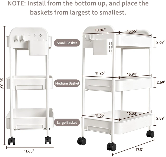 Alt view image 2 of 7 - Heavy-Duty Rolling Cart 3 Tier Metal Utility Storage Cart with Casters, Hooks & Hanging Cups, Rolling Storage Organizer for Kitchen Office Craft Snack Book
