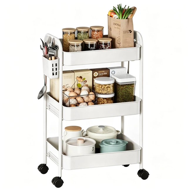 Main image of Heavy-Duty Rolling Cart 3 Tier Metal Utility Storage Cart with Casters, Hooks & Hanging Cups, Rolling Storage Organizer for Kitchen Office Craft Snack Book