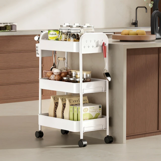 Alt view image 3 of 7 - Heavy-Duty Rolling Cart 3 Tier Metal Utility Storage Cart with Casters, Hooks & Hanging Cups, Rolling Storage Organizer for Kitchen Office Craft Snack Book