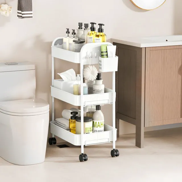 Alt view image 4 of 7 - Heavy-Duty Rolling Cart 3 Tier Metal Utility Storage Cart with Casters, Hooks & Hanging Cups, Rolling Storage Organizer for Kitchen Office Craft Snack Book