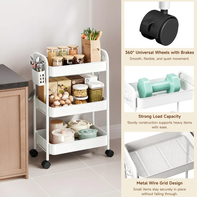 Alt view image 5 of 7 - Heavy-Duty Rolling Cart 3 Tier Metal Utility Storage Cart with Casters, Hooks & Hanging Cups, Rolling Storage Organizer for Kitchen Office Craft Snack Book