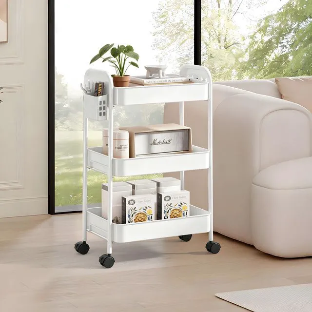 Alt view image 6 of 7 - Heavy-Duty Rolling Cart 3 Tier Metal Utility Storage Cart with Casters, Hooks & Hanging Cups, Rolling Storage Organizer for Kitchen Office Craft Snack Book