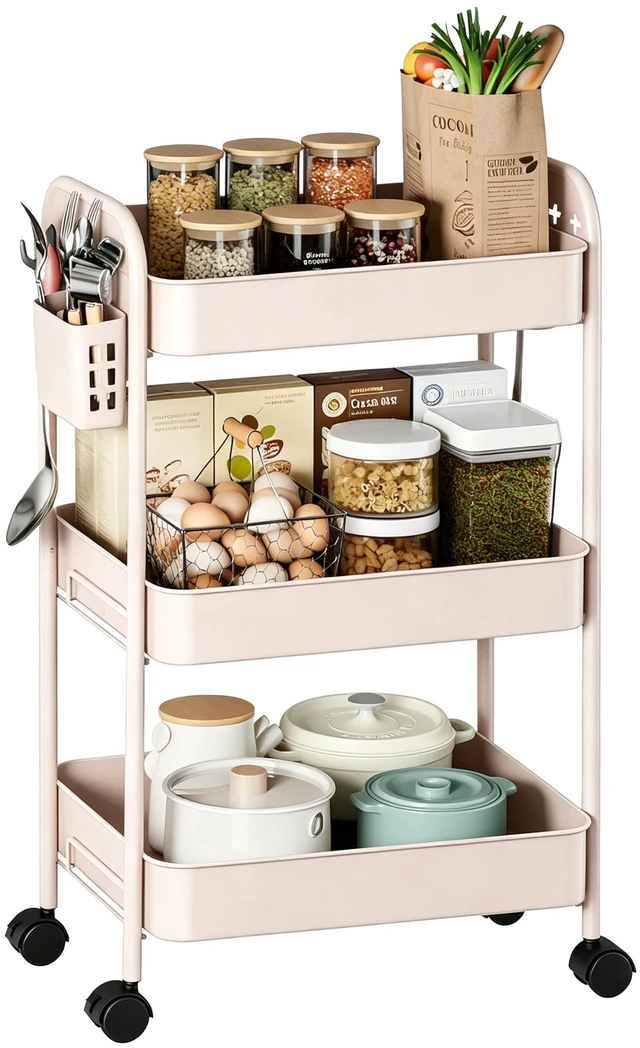 Main image of Heavy-Duty Rolling Cart 3 Tier Metal Utility Storage Cart with Casters, Hooks & Hanging Cups, Rolling Storage Organizer for Kitchen Office Craft Snack Book