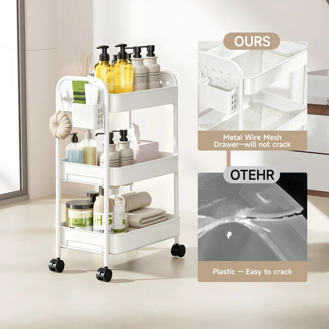 Alt view image 7 of 7 - Heavy-Duty Rolling Cart 3 Tier Metal Utility Storage Cart with Casters, Hooks & Hanging Cups, Rolling Storage Organizer for Kitchen Office Craft Snack Book