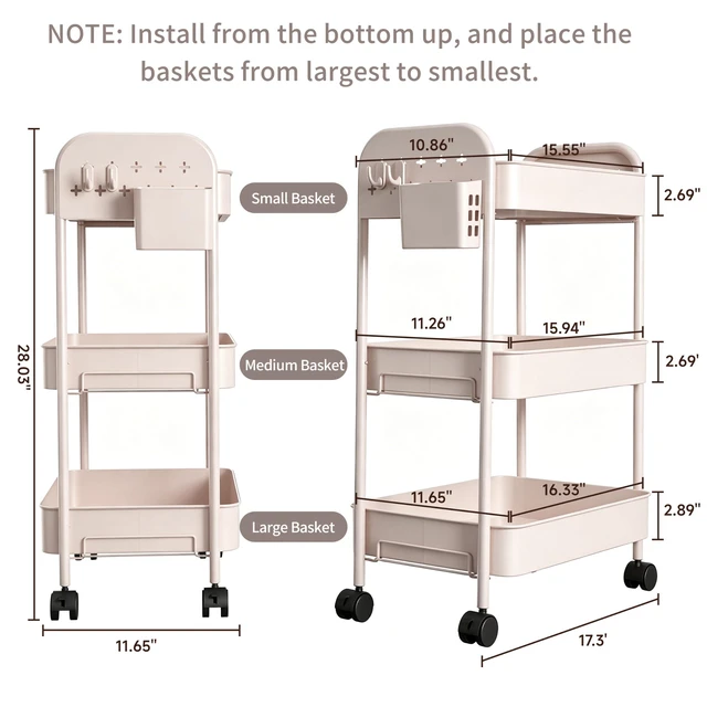 Alt view image 2 of 7 - Heavy-Duty Rolling Cart 3 Tier Metal Utility Storage Cart with Casters, Hooks & Hanging Cups, Rolling Storage Organizer for Kitchen Office Craft Snack Book