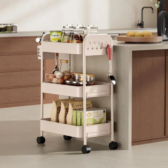Alt view image 3 of 7 - Heavy-Duty Rolling Cart 3 Tier Metal Utility Storage Cart with Casters, Hooks & Hanging Cups, Rolling Storage Organizer for Kitchen Office Craft Snack Book