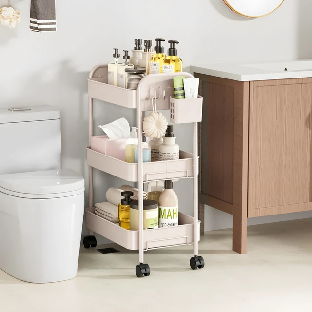 Alt view image 4 of 7 - Heavy-Duty Rolling Cart 3 Tier Metal Utility Storage Cart with Casters, Hooks & Hanging Cups, Rolling Storage Organizer for Kitchen Office Craft Snack Book