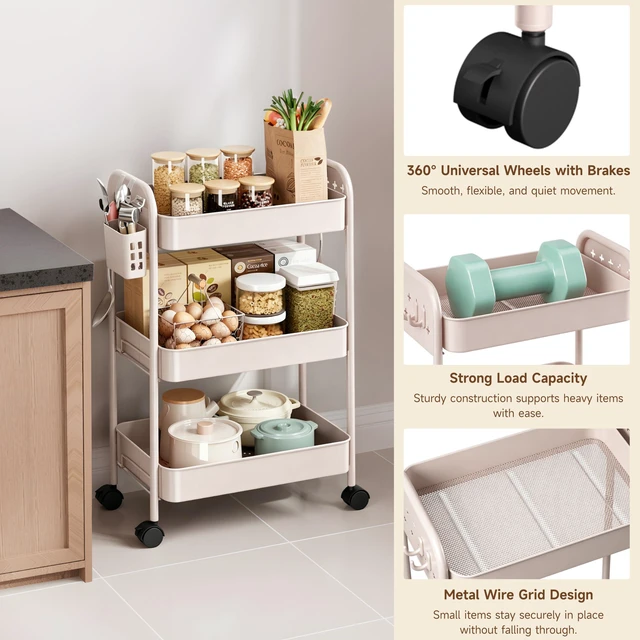 Alt view image 5 of 7 - Heavy-Duty Rolling Cart 3 Tier Metal Utility Storage Cart with Casters, Hooks & Hanging Cups, Rolling Storage Organizer for Kitchen Office Craft Snack Book