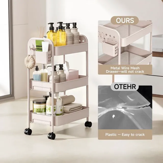 Alt view image 7 of 7 - Heavy-Duty Rolling Cart 3 Tier Metal Utility Storage Cart with Casters, Hooks & Hanging Cups, Rolling Storage Organizer for Kitchen Office Craft Snack Book