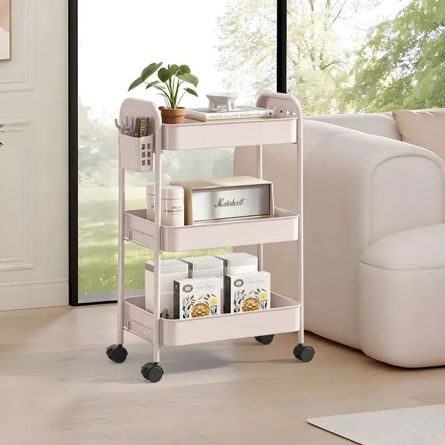 Alt view image 6 of 7 - Heavy-Duty Rolling Cart 3 Tier Metal Utility Storage Cart with Casters, Hooks & Hanging Cups, Rolling Storage Organizer for Kitchen Office Craft Snack Book