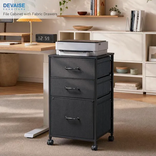 Alt view image 2 of 7 - Mobile File Cabinet, Rolling Printer Stand with 3 Drawers, Fabric Vertical Filing Cabinet fits A4 or Letter Size for Home Office, Black