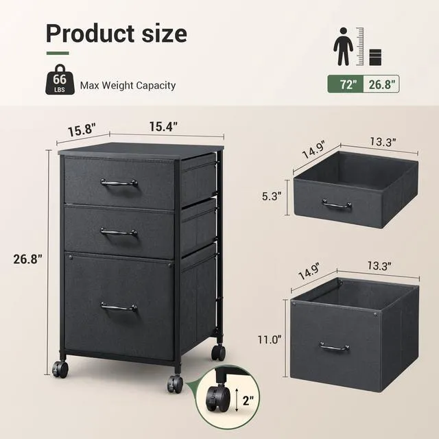 Alt view image 3 of 7 - Mobile File Cabinet, Rolling Printer Stand with 3 Drawers, Fabric Vertical Filing Cabinet fits A4 or Letter Size for Home Office, Black