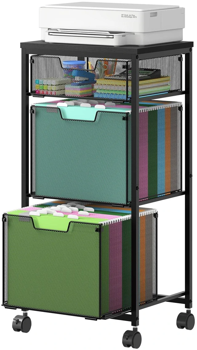 Main image of 3 Drawer Mobile File Cabinet for Home Office, Rolling Filing Cabinet on Lockable Wheels, Hanging File Folders Organizer, Utility Cart Storage and Organizer, Printer Stand, Black