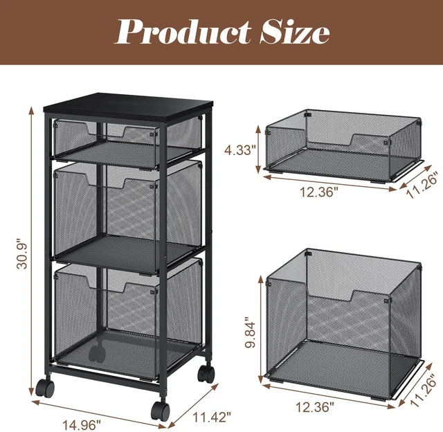 Alt view image 3 of 7 - 3 Drawer Mobile File Cabinet for Home Office, Rolling Filing Cabinet on Lockable Wheels, Hanging File Folders Organizer, Utility Cart Storage and Organizer, Printer Stand, Black