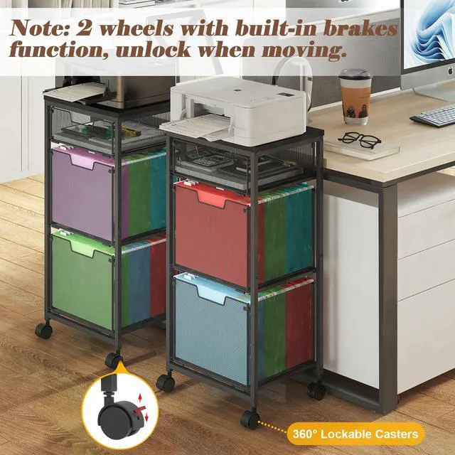Alt view image 4 of 7 - 3 Drawer Mobile File Cabinet for Home Office, Rolling Filing Cabinet on Lockable Wheels, Hanging File Folders Organizer, Utility Cart Storage and Organizer, Printer Stand, Black