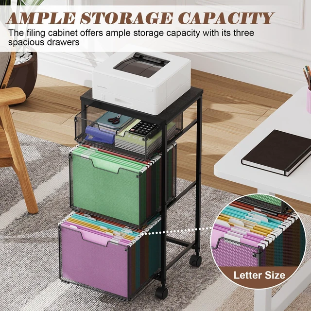 Alt view image 5 of 7 - 3 Drawer Mobile File Cabinet for Home Office, Rolling Filing Cabinet on Lockable Wheels, Hanging File Folders Organizer, Utility Cart Storage and Organizer, Printer Stand, Black
