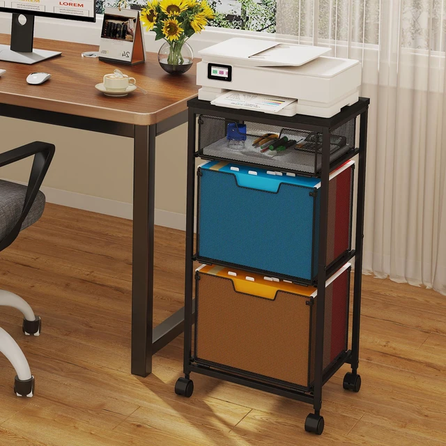 Alt view image 6 of 7 - 3 Drawer Mobile File Cabinet for Home Office, Rolling Filing Cabinet on Lockable Wheels, Hanging File Folders Organizer, Utility Cart Storage and Organizer, Printer Stand, Black