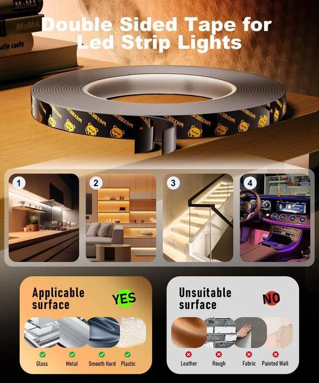 Alt view image 7 of 7 - Double Sided Tape Heat Resistant Heavy Duty, 0.25" x 20FT Industrial Strength Permanent Bond Waterproof Automotive Led Strip Lights Mounting Tape, Super Strong Adhesive Foam Tape
