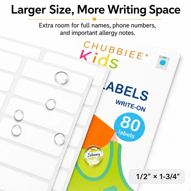 Alt view image 5 of 7 - All Purpose No-Iron Kids Clothing Labels, 80-Pack Self-Stick Write-On Fabric Labels for Camp, School, Daycare, Nursing Care, Toys, Organizing, Washer & Dryer Safe