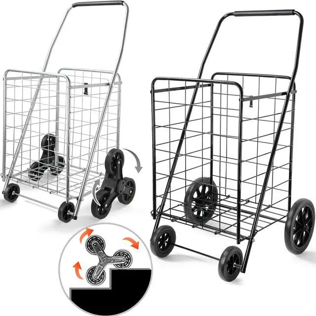 Main image of 2-Pack Stair Climber Cart, Folding Grocery Cart for Stairs, XL & L Stair Climbing Cart, Shopping Utility Cart, Collapsible, X-Large + Large, Black and Silver, for Groceries & Laundry