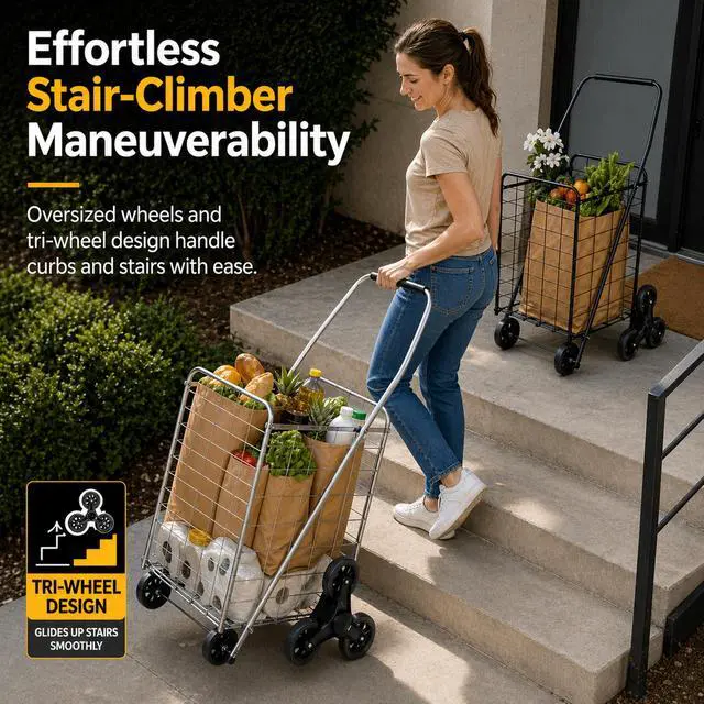 Alt view image 2 of 7 - 2-Pack Stair Climber Cart, Folding Grocery Cart for Stairs, XL & L Stair Climbing Cart, Shopping Utility Cart, Collapsible, X-Large + Large, Black and Silver, for Groceries & Laundry