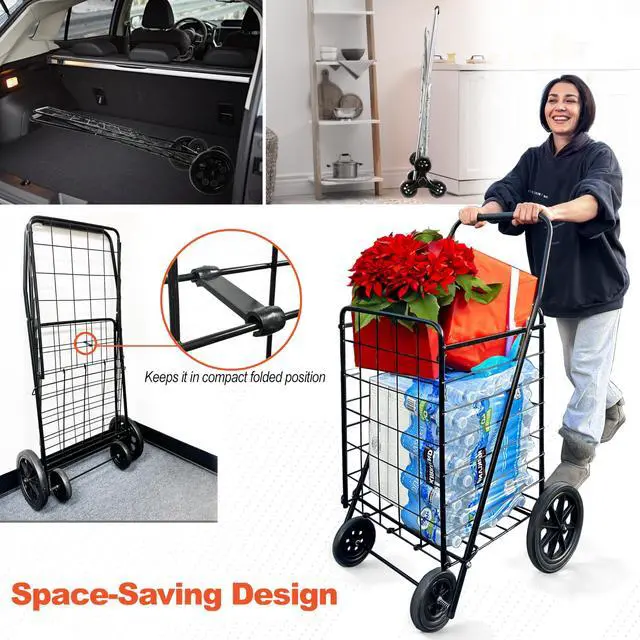 Alt view image 5 of 7 - 2-Pack Stair Climber Cart, Folding Grocery Cart for Stairs, XL & L Stair Climbing Cart, Shopping Utility Cart, Collapsible, X-Large + Large, Black and Silver, for Groceries & Laundry