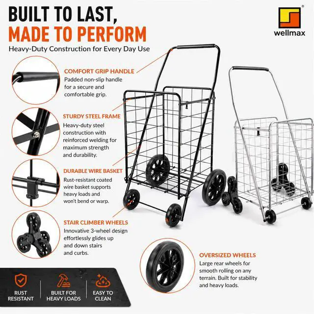 Alt view image 3 of 7 - 2-Pack Stair Climber Cart, Folding Grocery Cart for Stairs, XL & L Stair Climbing Cart, Shopping Utility Cart, Collapsible, X-Large + Large, Black and Silver, for Groceries & Laundry