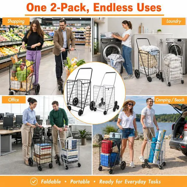 Alt view image 6 of 7 - 2-Pack Stair Climber Cart, Folding Grocery Cart for Stairs, XL & L Stair Climbing Cart, Shopping Utility Cart, Collapsible, X-Large + Large, Black and Silver, for Groceries & Laundry
