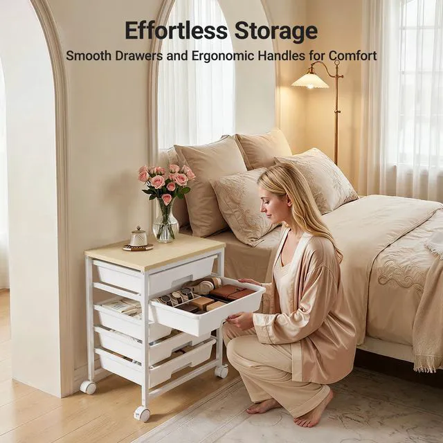 Alt view image 2 of 7 - Rolling Cart with 5 Drawers, Craft Storage Cart, Class White Smooth Drawer Tracks, Easy-Grip Handles, 2 Lockable Wheels, Sturdy Metal Frame, Thick Wood Tabletop, Hold 11 lbs per Drawer