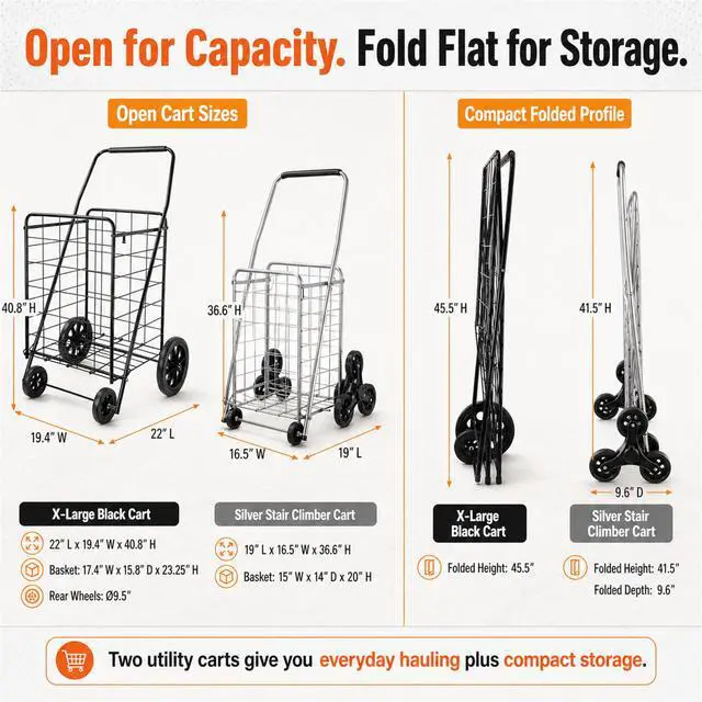 Alt view image 7 of 7 - 2-Pack Stair Climber Cart, Folding Grocery Cart for Stairs, XL & L Stair Climbing Cart, Shopping Utility Cart, Collapsible, X-Large + Large, Black and Silver, for Groceries & Laundry