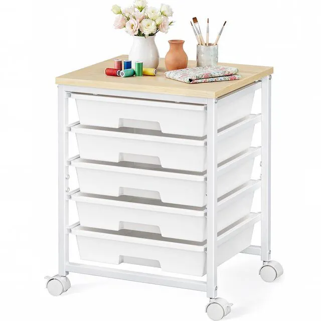 Main image of Rolling Cart with 5 Drawers, Craft Storage Cart, Class White Smooth Drawer Tracks, Easy-Grip Handles, 2 Lockable Wheels, Sturdy Metal Frame, Thick Wood Tabletop, Hold 11 lbs per Drawer