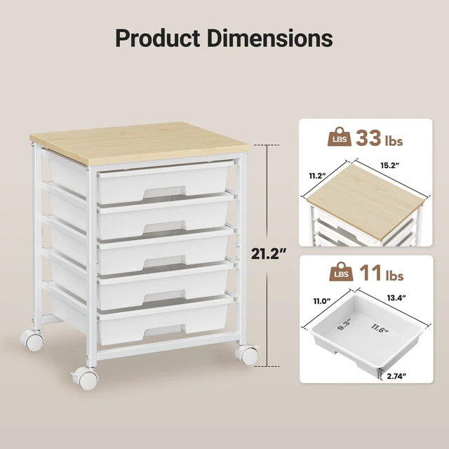 Alt view image 3 of 7 - Rolling Cart with 5 Drawers, Craft Storage Cart, Class White Smooth Drawer Tracks, Easy-Grip Handles, 2 Lockable Wheels, Sturdy Metal Frame, Thick Wood Tabletop, Hold 11 lbs per Drawer