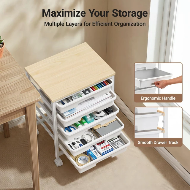 Alt view image 4 of 7 - Rolling Cart with 5 Drawers, Craft Storage Cart, Class White Smooth Drawer Tracks, Easy-Grip Handles, 2 Lockable Wheels, Sturdy Metal Frame, Thick Wood Tabletop, Hold 11 lbs per Drawer
