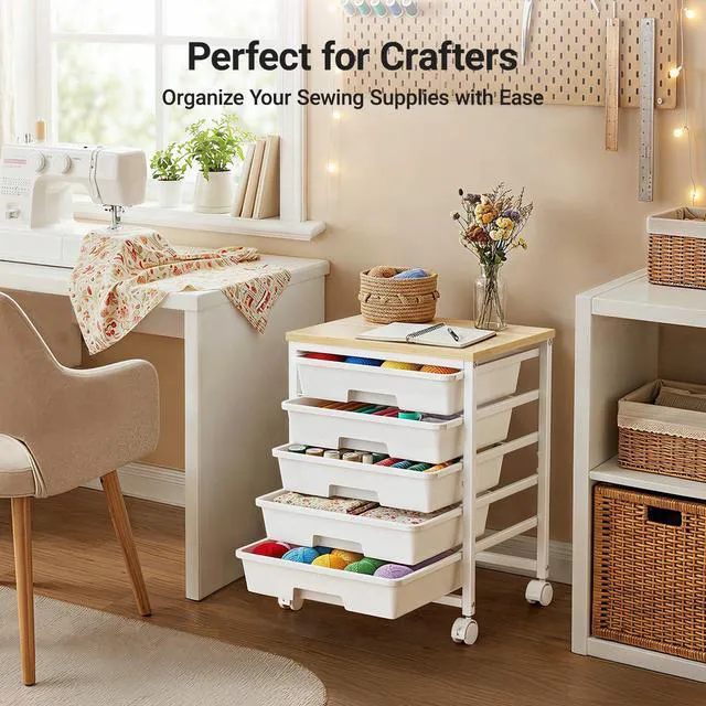 Alt view image 6 of 7 - Rolling Cart with 5 Drawers, Craft Storage Cart, Class White Smooth Drawer Tracks, Easy-Grip Handles, 2 Lockable Wheels, Sturdy Metal Frame, Thick Wood Tabletop, Hold 11 lbs per Drawer